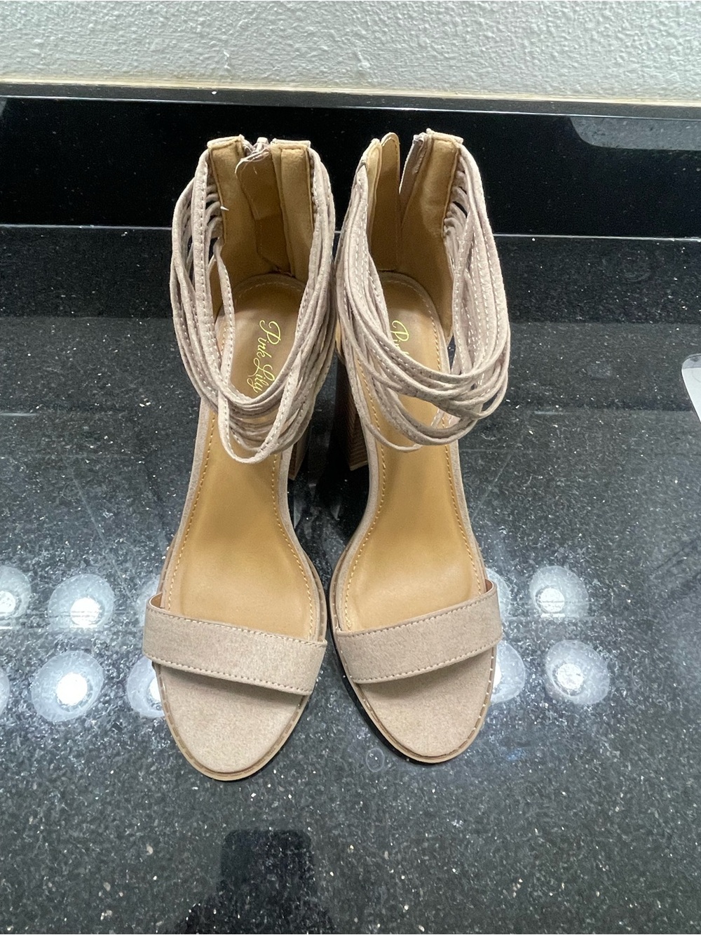 Suede Ankle-Wrap Heeled Sandals in Taupe  - Women